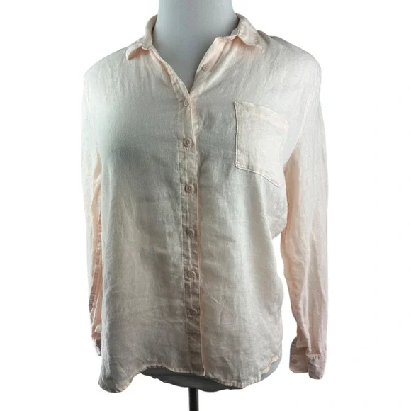 Garnet Hill Linen Button Up Pocket Shirt Light Pink Sheer Long Sleeve Size 12 - Picture 5 of 16
